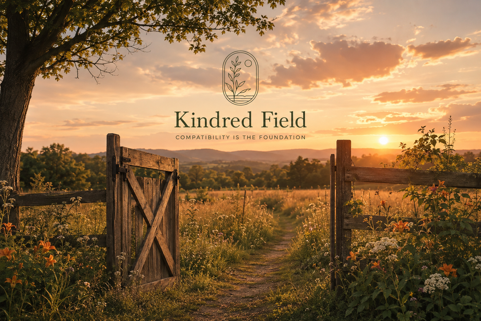 A weathered wooden garden gate stands open at the edge of a golden wildflower meadow at sunset, inviting you down a path toward rolling hills. The Kindred Field logo and wordmark are layered over the sky, with the tagline: Compatibility is the foundation.